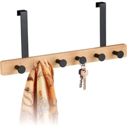 Relaxdays - Appendiabiti da Porta Salvaspazio, 2 cm, Attaccapanni Bambù e Acciaio, 6 Ganci Appendi Abiti Salvaspazio, Nero