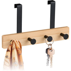 Relaxdays - Appendiabiti da Porta Salvaspazio, 2 cm, Attaccapanni Bambù e Acciaio, 4 Ganci Appendi Abiti Salvaspazio, Nero