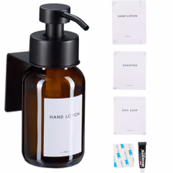 Porta un tocco di stile e praticità in bagno o cucina con questo elegante dispenser sapone da parete in vetro ambrato e accia ...