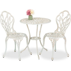 Set da Bistrot da 3, Tavolino da Giardino, 2 Sedie da Balcone, in Alluminio Stile Ferro Battuto, BiancoBronzo - Relaxdays