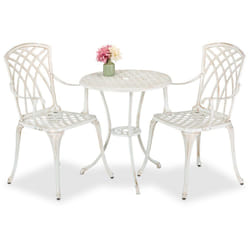 Set da Bistrot da 3, Tavolino da Giardino, 2 Sedie da Balcone, in Alluminio Stile Ferro Battuto, Bianco Bronzo - Relaxdays