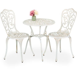 Set da Bistrot da 3, Tavolino da Giardino, 2 Sedie da Balcone, in Alluminio Stile Ferro Battuto, Bianco Bronzo - Relaxdays