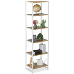 Scaffale Libreria in Stile Scandinavo, 6 Ripiani, Mobile da Salotto o Cucina, hlp 180x50x35 cm, Bianco Marrone - Relaxdays