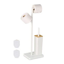 Piantana Portarotolo e Scopino, Portascopino Bagno, Porta Rotolo Carta Igienica di Scorta 71x23x18 cm, Bianco - Relaxdays