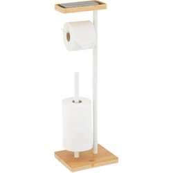 Relaxdays - Piantana Porta Rotolo da Bagno, 66,5x21x17 cm, Portarotolo Carta Igienica, Ferro e Bambù Naturale, Bianco