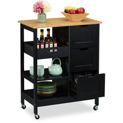 Carrello da Cucina con Ruote, Isola 3 Ripiani e Cassetti, Carrellino Portaoggetti hlp: 85x68,5x38,5 cm, Nero - Relaxdays
