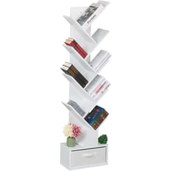 Scaffale Libreria, Mobile Stretto da Terra con 9 Ripiani ad Albero per Libri, cd e dvd, 146x38x22 cm, Bianco - Relaxdays