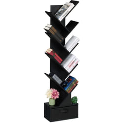 Scaffale Libreria, Mobile Stretto da Terra con 9 Ripiani ad Albero per Libri, cd e dvd, 146x38x22 cm, Nero - Relaxdays