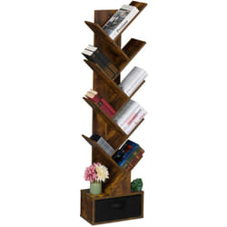 Scaffale Libreria, Mobile Stretto da Terra con 9 Ripiani ad Albero per Libri, cd e dvd, 146x38x22 cm, Marrone - Relaxdays