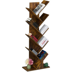 Scaffale Libreria, Mobile Stretto da Terra con 9 Ripiani ad Albero per Libri, cd, hlp: 146x38x22 cm, Marrone - Relaxdays
