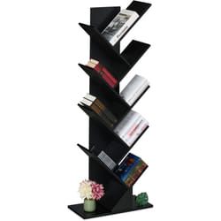 Scaffale Libreria, Mobile Stretto da Terra con 9 Ripiani ad Albero per Libri, cd, hlp: 146x38x22 cm, Nero - Relaxdays