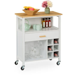 Carrello da Cucina, Isola Ruote con Cassetto e Posto 6 Bottiglie, 2 Scomparti, 80x65x35 cm, Bambù, mdf, Bianco - Relaxdays