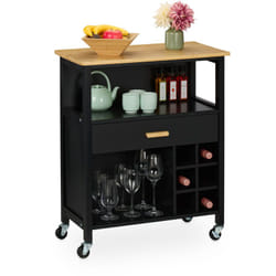 Carrello da Cucina, Isola a Ruote con Cassetto e Posto 6 Bottiglie, 2 Scomparti, 80x65x35 cm, Bambù, mdf, Nero - Relaxdays