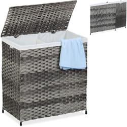 Relaxdays Cesto Portabiancheria Pieghevole con Coperchio e 2 Scomparti, 110 L, HLP: 60x58x34 cm, Rattan, Grigio Beige