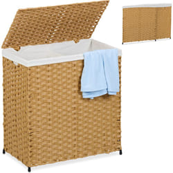 Cesto Portabiancheria Pieghevole con Coperchio e 2 Scomparti, 110 l, hlp: 60x58x34 cm, Rattan, Marrone Beige - Relaxdays