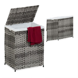 Cesto Portabiancheria Pieghevole con Coperchio, Look Rattan, Sacco 90l, hlp: 60 x 46 x 34 cm, Grigio Beige - Relaxdays