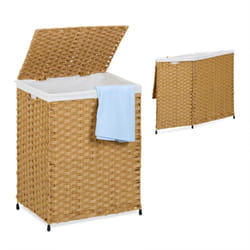Relaxdays Cesto Portabiancheria Pieghevole con Coperchio, Look Rattan, Sacco 90l, HLP: 60 x 46 x 34 cm, Marrone Beige