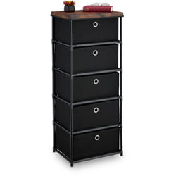Relaxdays Cassettiera in Stile Industriale, Comò con 5 Cassetti e Ripiano Tessuto, Metallo, 105x43x33 cm, Nero Marrone