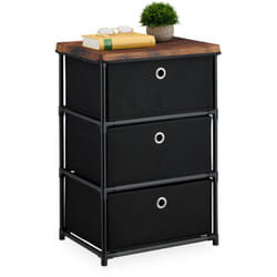 Cassettiera in Stile Industriale, Comò con 3 Cassetti e Ripiano in Tessuto, Metallo, 65x43x33 cm, Nero Marrone - Relaxdays