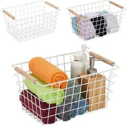 Relaxdays - Cestino Metallico Portaoggetti a Rete, Set 2 Cesti con Manici in Legno, Rettangolare, hlp 16x31x21 cm, Bianco