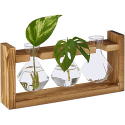 Relaxdays - Vasi Vetro Decorativi, Set 3 Vasetti per Fiori ad Ampolla Geometrica, 13x28x6,5 cm, Supporto in Legno Naturale