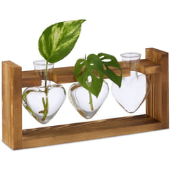 Relaxdays - Vasi Vetro Decorativi, Set 3 Vasetti per Fiori ad Ampolla a Cuore, 13x28x6,5 cm, su Supporto in Legno Naturale