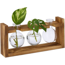 Relaxdays - Vasi Vetro Decorativi, Set 3 Vasetti per Fiori ad Ampolla Rotonda, 13x28x6,5 cm, su Supporto in Legno Naturale