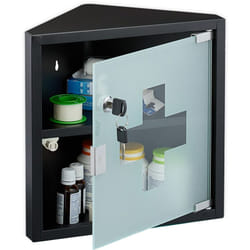 Relaxdays - Armadietto Pronto Soccorso per Medicinali, Cassetta Medicine con Chiave, 2 Scomparti, hlp: 30x30x17,5 cm, Nero