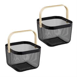 Relaxdays Cestino Metallico Portaoggetti a Rete Quadrato, Set 2 Cesti con Manico in Bambù, HLP: 17,5x26x24,5 cm, Nero