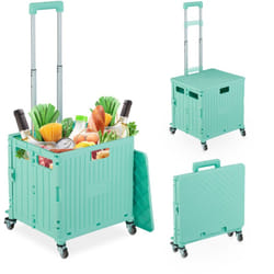 Carrello per Spesa Pieghevole, regge 35 kg, Manico Telescopico e Coperchio, Carrellino Portaspesa, Turchese - Relaxdays