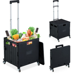Carrello per Spesa Pieghevole, regge 35 kg, Manico Telescopico e Coperchio, Carrellino Portaspesa, Nero - Relaxdays