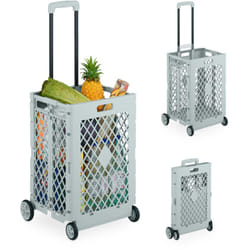 Relaxdays - Carrello per Spesa Pieghevole, regge 25 kg, Manico Telescopico, Cestello a Rete, Carrellino Portaspesa, Grigio