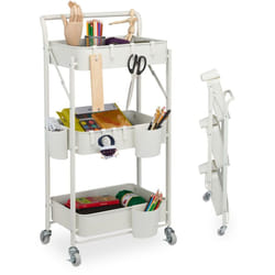 Carrello da Cucina con Ruote, 3 Ripiani Pieghevoli, Carrellino da Bagno, Porta Detersivi, 89x44,5x29 cm,Bianco - Relaxdays
