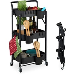 Relaxdays Carrello da Cucina con Ruote, 3 Ripiani Pieghevoli, Carrellino da Bagno, Porta Detersivi, 89x44,5x29 cm, Nero