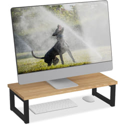 Relaxdays - Supporto per Monitor, Alza Schermo pc per Scrivania, hlp: 15x55x23 cm, Organizer Ufficio, Ferro, Legno Nero