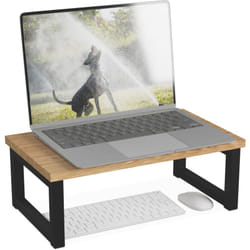 Relaxdays - Supporto per Monitor, Alza Schermo pc per Scrivania, hlp: 15x40x23 cm, Organizer Ufficio, Ferro, Legno Nero