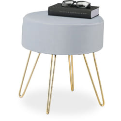 Sgabello Pouf da Salotto e Camera Letto, Poggiapiedi Imbottito, Sedia in Velluto e Ferro, 40x37 cm, Grigio Oro - Relaxdays