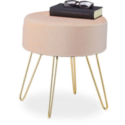Sgabello Pouf da Salotto e Camera Letto, Poggiapiedi Imbottito, Sedia in Velluto e Ferro, 40x37 cm, Beige Oro - Relaxdays