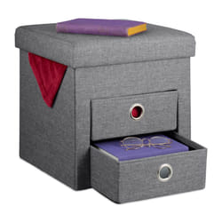 Pouf Contenitore Pieghevole, Sgabello Poggiapiedi Imbottito con 2 Cassetti, hlp 39x37x37 cm, Grigio Scuro - Relaxdays