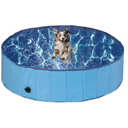 Piscina per Cani Taglia Media, 30x120 cm, Piscinetta Pieghevole con Scarico, Bagno in Giardino, pvc, mdf, Blu - Relaxdays