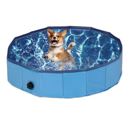 Piscina per Cani Taglia Piccola, 20x80 cm, Piscinetta Pieghevole con Scarico, Bagno in Giardino, pvc, mdf, Blu - Relaxdays