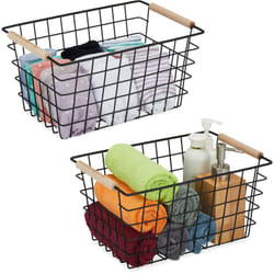 Relaxdays - Cestino Metallico Portaoggetti a Rete, Set 2 Cesti con Manici in Legno, Rettangolare, hlp 16x31x21 cm, Nero