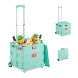 Carrello per Spesa Pieghevole, regge 35 kg, Manico Telescopico e Coperchio, Carrellino Portaspesa, Turchese - Relaxdays