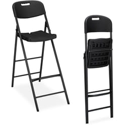 Sgabello Alto Pieghevole, Set da 2, 118 cm, Sedia con Schienale e Poggiapiedi, in Plastica e Acciaio, Nero - Relaxdays