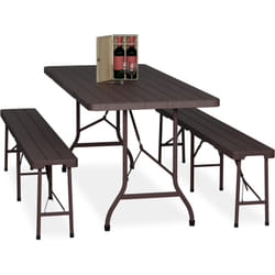 Tavolo da Birreria con Panche, Set da Giardino, Panchine e Tavolino 180 cm Pieghevoli, Aspetto Legno, Marrone - Relaxdays