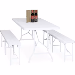 Vivi momenti conviviali all'aria aperta con questo set birreria pieghevole da 3 mobili. L'insieme include un tavolo e due pan ...