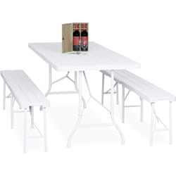 Tavolo da Birreria con Panche, Set da Giardino, Panchine e Tavolino 180 cm Pieghevoli, Aspetto Legno, Bianco - Relaxdays