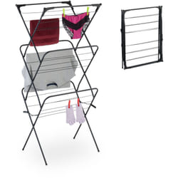 Stendibiancheria Verticale, Stendino Pieghevole a Torre con 18 Aste per Vestiti, 136x62x51 cm, Metallo, Nero - Relaxdays