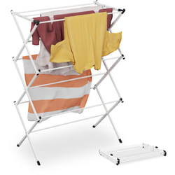 Stendibiancheria Verticale, Stendino Pieghevole a Torre con 11 Aste per Vestiti, 104x73x38 cm, Metallo, Bianco - Relaxdays