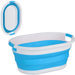 Relaxdays - Cesto Portabiancheria Pieghevole, 24 Litri, Contenitore Salvaspazio in Plastica con Impugnature, Blu Bianco